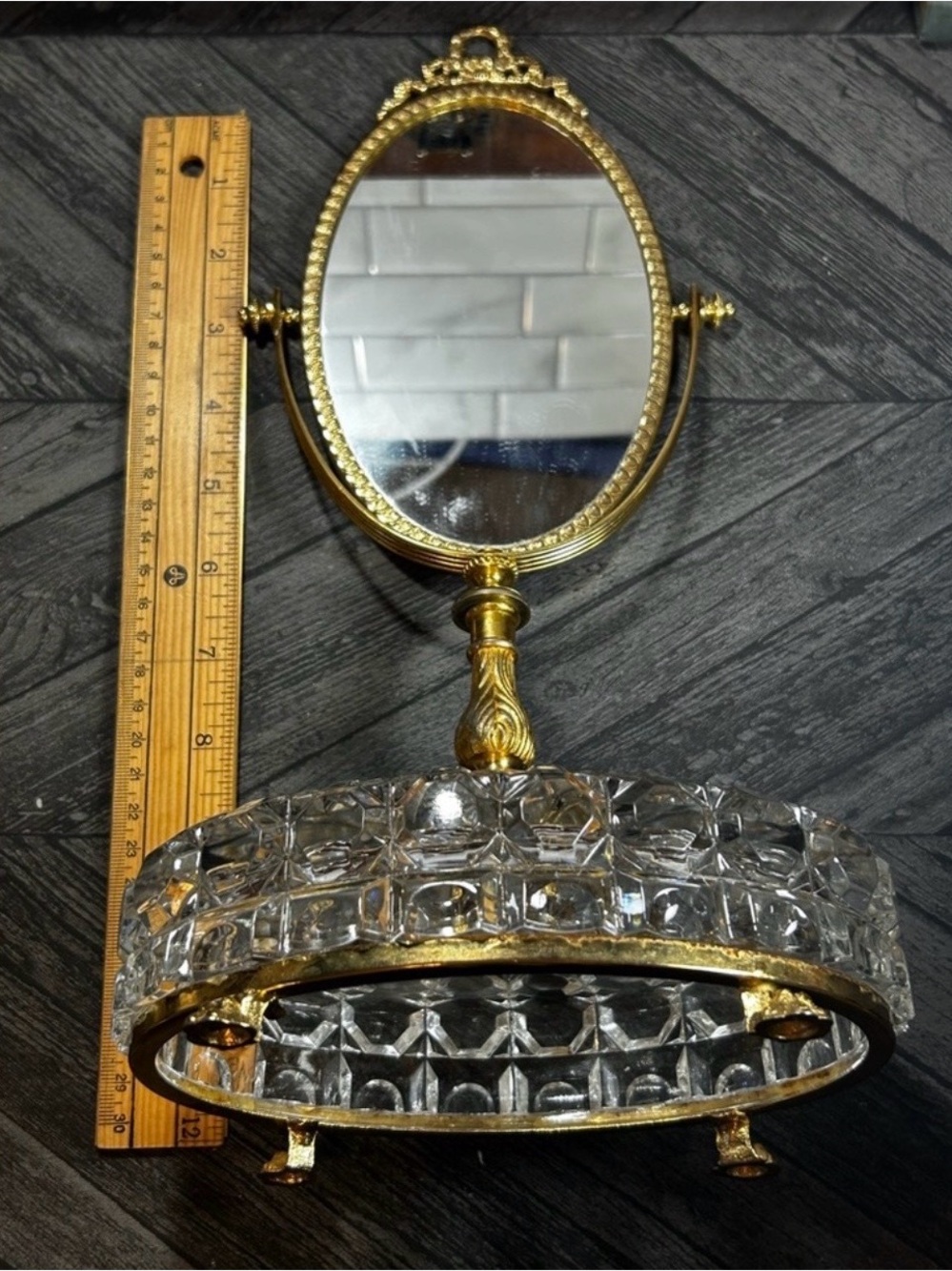 LAST PRICE Antique Filigree Victorian Brass Footed Crystal Base Vanity Mirror